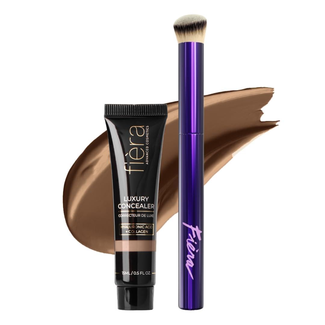 Fièra Luxury Concealer & Foundation (Dark) + Expert Brush – Full-Coverage, Anti-Aging System for Mature Skin