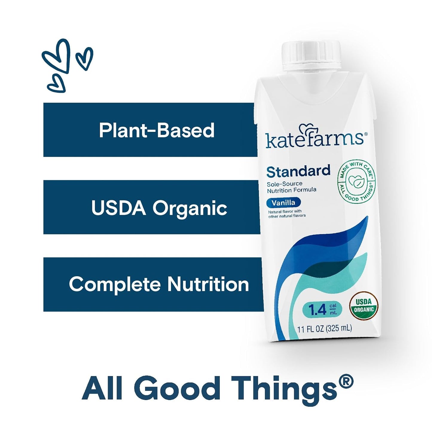 KATE FARMS Organic 1.4 High Calorie Shake, Vanilla, 20g Protein, 12 Pack | Organic vanilla high calorie nutrition shake with 20g protein plus 27 vitamins and minerals.
