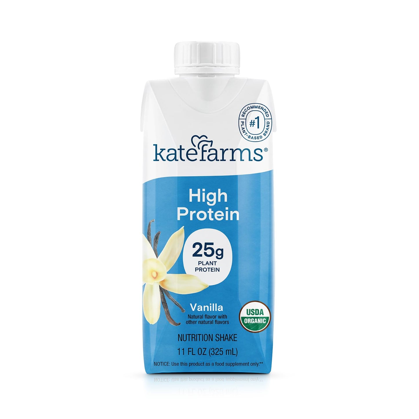 KATE FARMS Organic High Protein Vanilla Shake, 25g Protein, 12 Pack | High-protein organic shake with 25g protein, 6g fiber, 27 vitamins & minerals, and 0g sugar.
