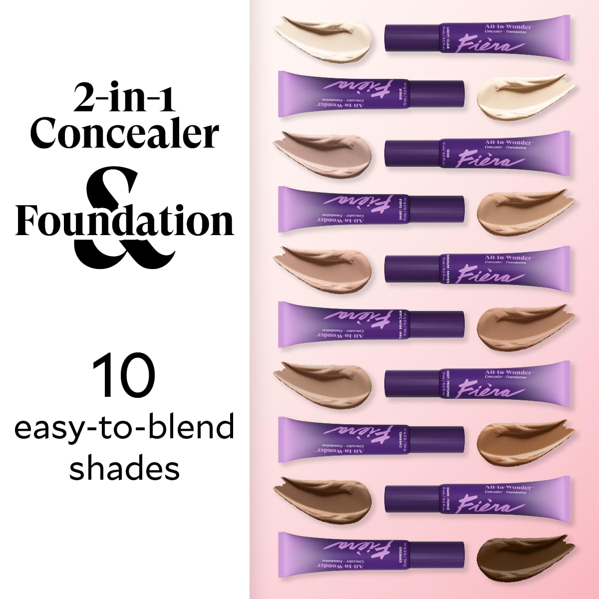 Fièra All-In-Wonder™ Concealer + Foundation – Full-Coverage, Crease-Proof, Hydrating Formula for Mature Skin, Blurs Fine Lines & Dark Circles, Radiant Second-Skin Finish – Beige, 0.5 FL. OZ. / 15 ML