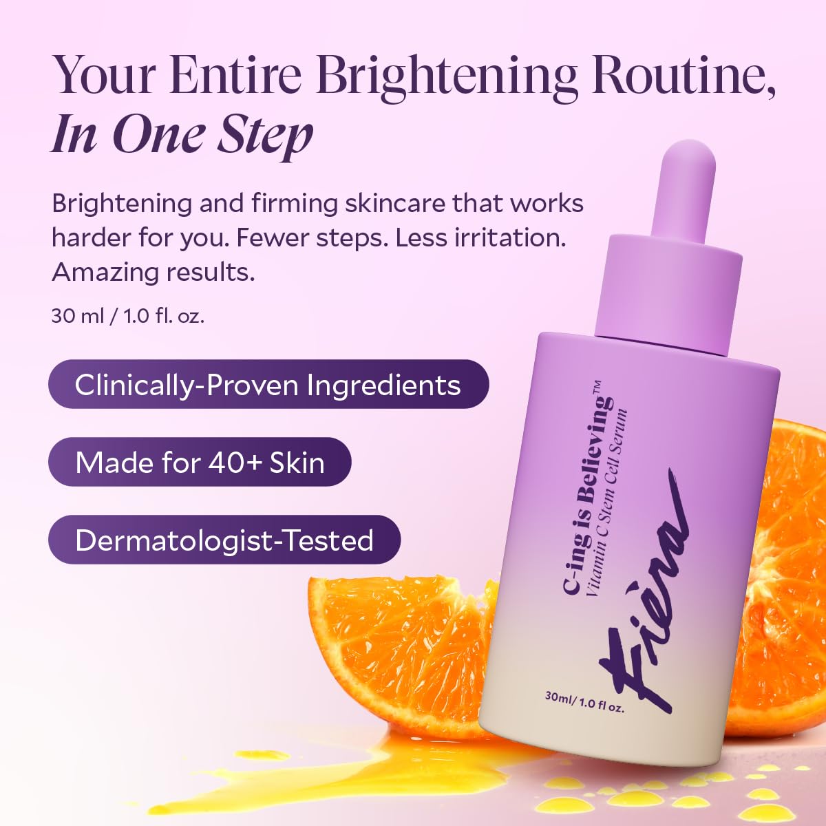 Fièra Vitamin C Serum with Hyaluronic Acid & Citrus Stem Cells - Anti-Aging Brightening, Firming, Hydrating Serum for Mature Skin, Reduces Dark Spots, Fine Lines & Boosts Radiance - 1 FL. OZ. / 30 ML