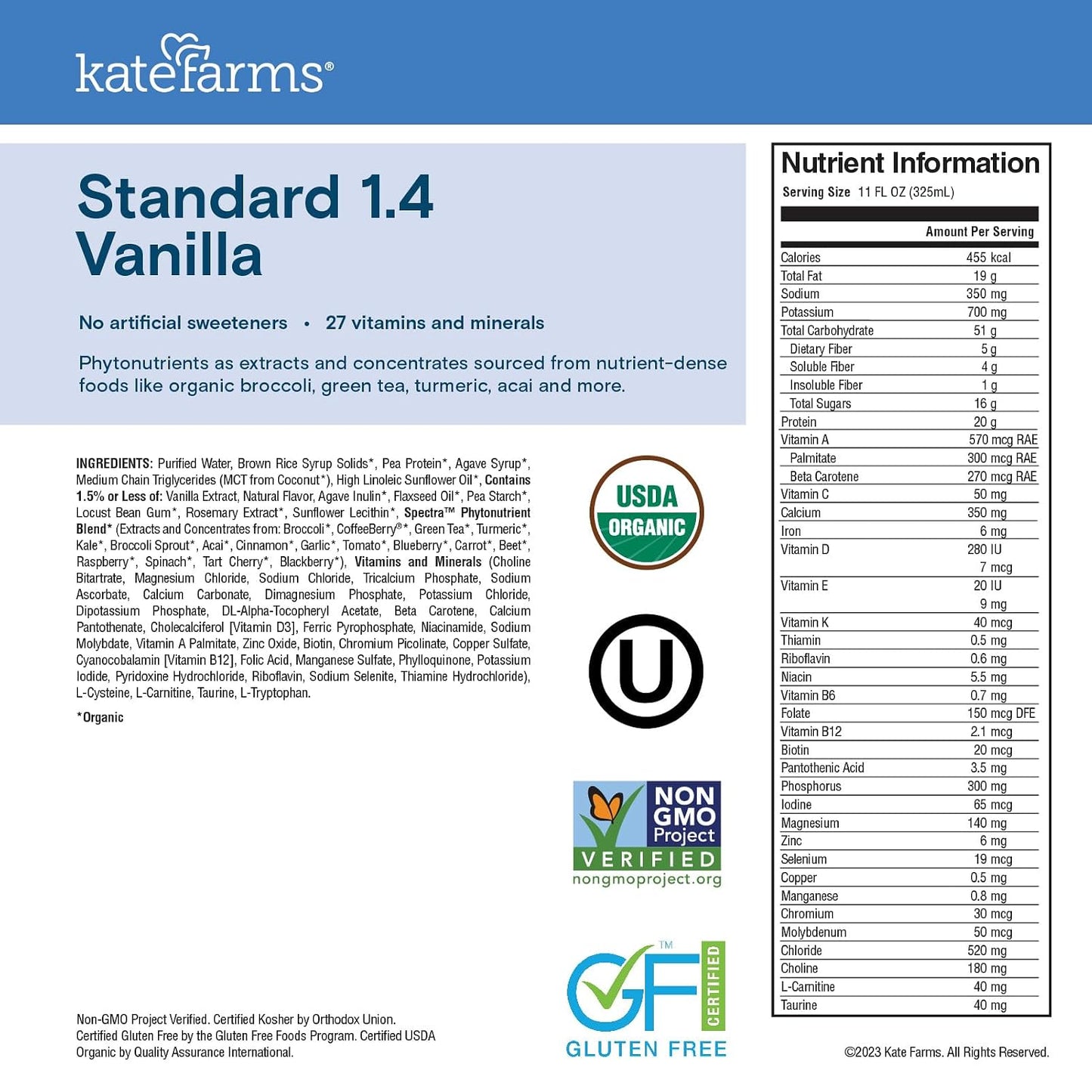 KATE FARMS Organic 1.4 High Calorie Shake, Vanilla, 20g Protein, 12 Pack | Organic vanilla high calorie nutrition shake with 20g protein plus 27 vitamins and minerals.