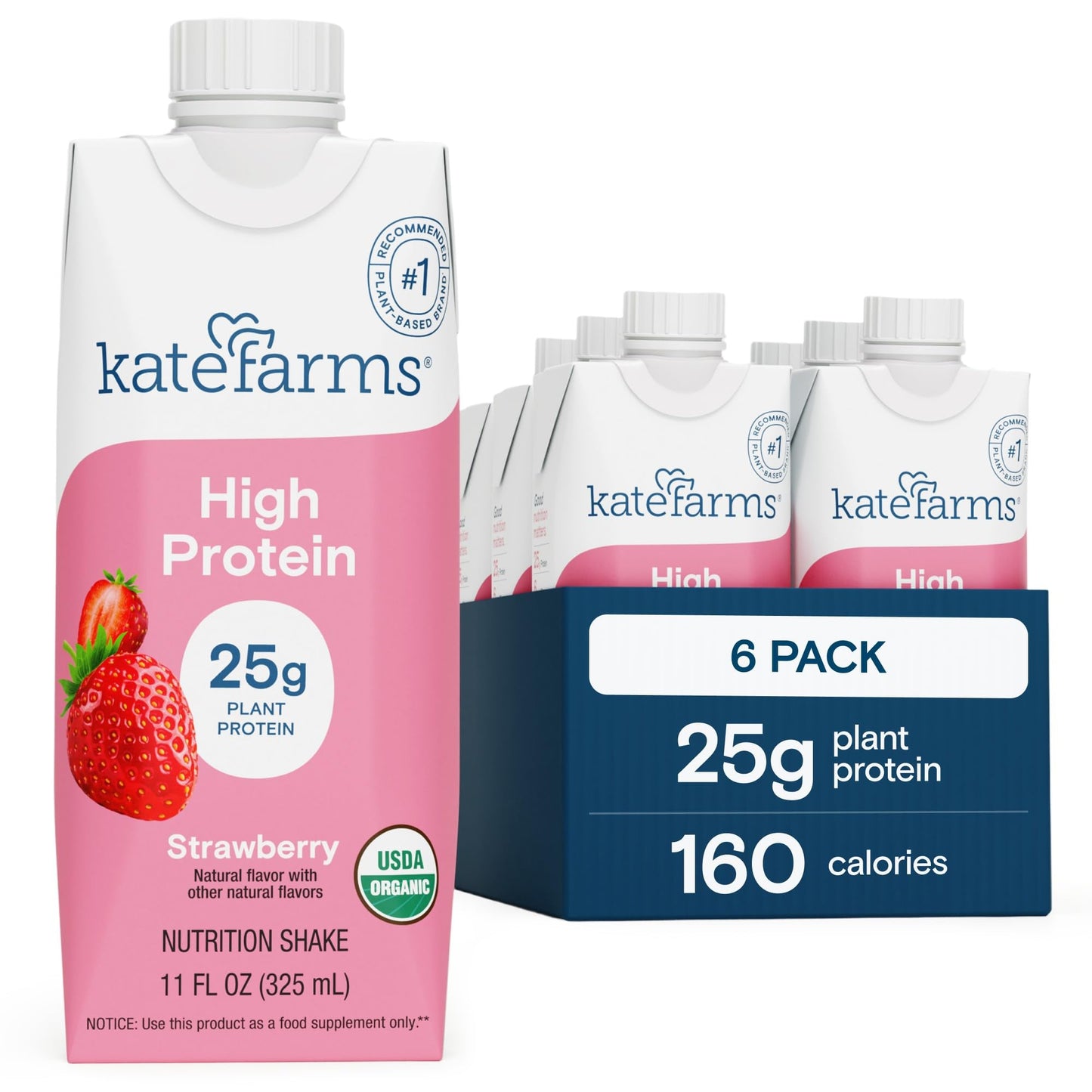 KATE FARMS Organic High Protein Vanilla Shake, 25g Protein, 12 Pack | High-protein organic shake with 25g protein, 6g fiber, 27 vitamins & minerals, and 0g sugar.