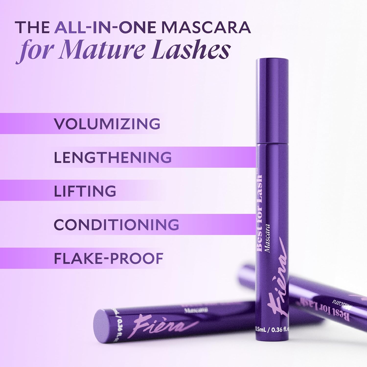 Fièra Best for Lash™ Mascara for Women Over 40 – Volumizing, Lengthening & Lifting Peptide Mascara with Vitamin B5 – Smudge-Proof, Flake-Resistant, Gentle Washable Formula, Black