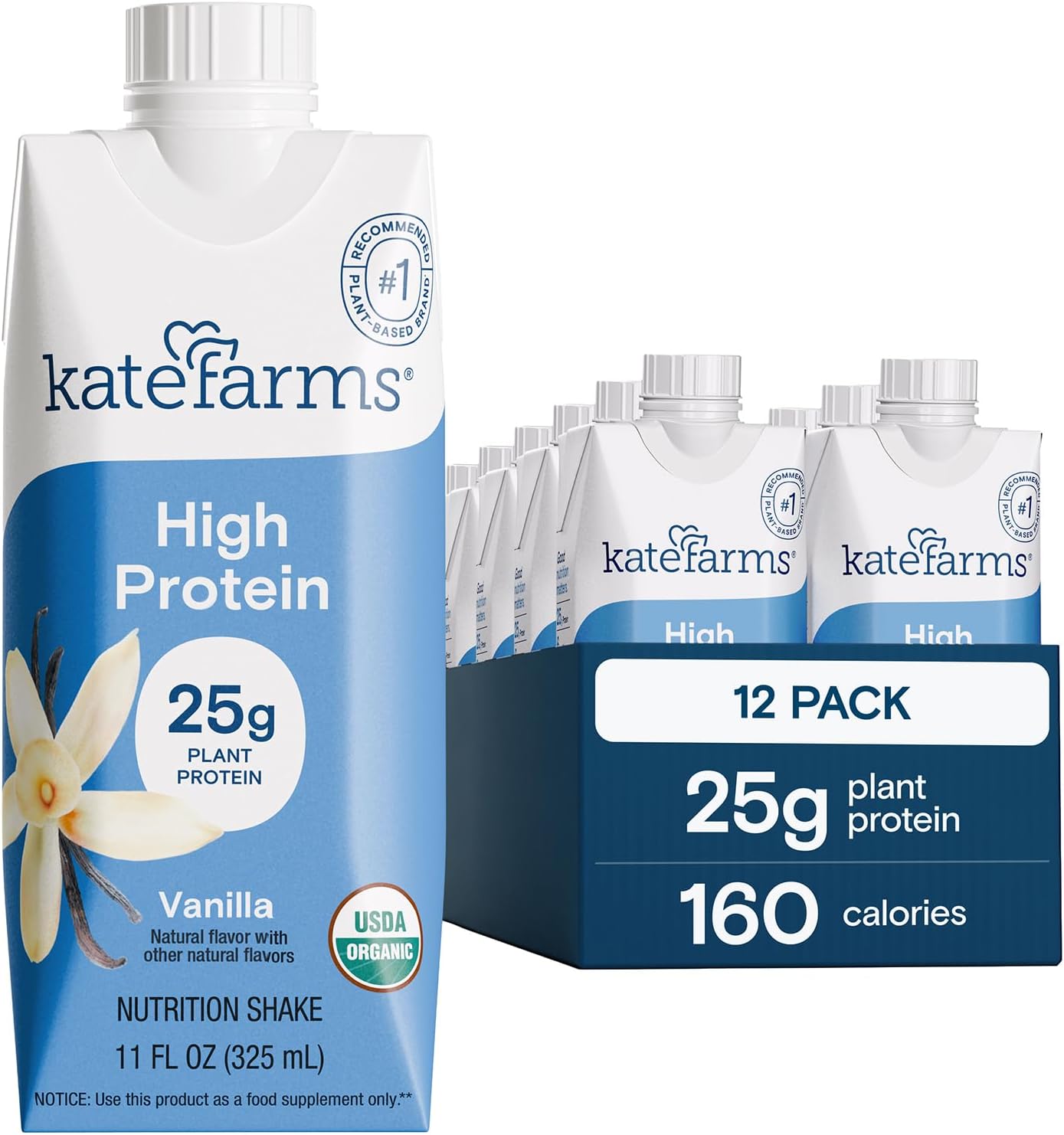 KATE FARMS Organic High Protein Vanilla Shake, 25g Protein, 12 Pack | High-protein organic shake with 25g protein, 6g fiber, 27 vitamins & minerals, and 0g sugar.