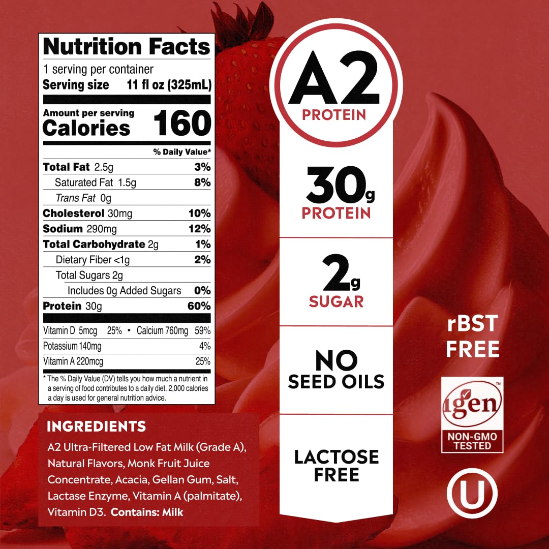 Pioneer Pastures Protein A2 Milkshakes, Strawberries & Cream, 11oz, 12 Pack | A2 Protein Shake, 30g Protein, Ultra-Filtered, Lactose Free, 2g Sugar, No Seed Oils, No Artificial Sweeteners