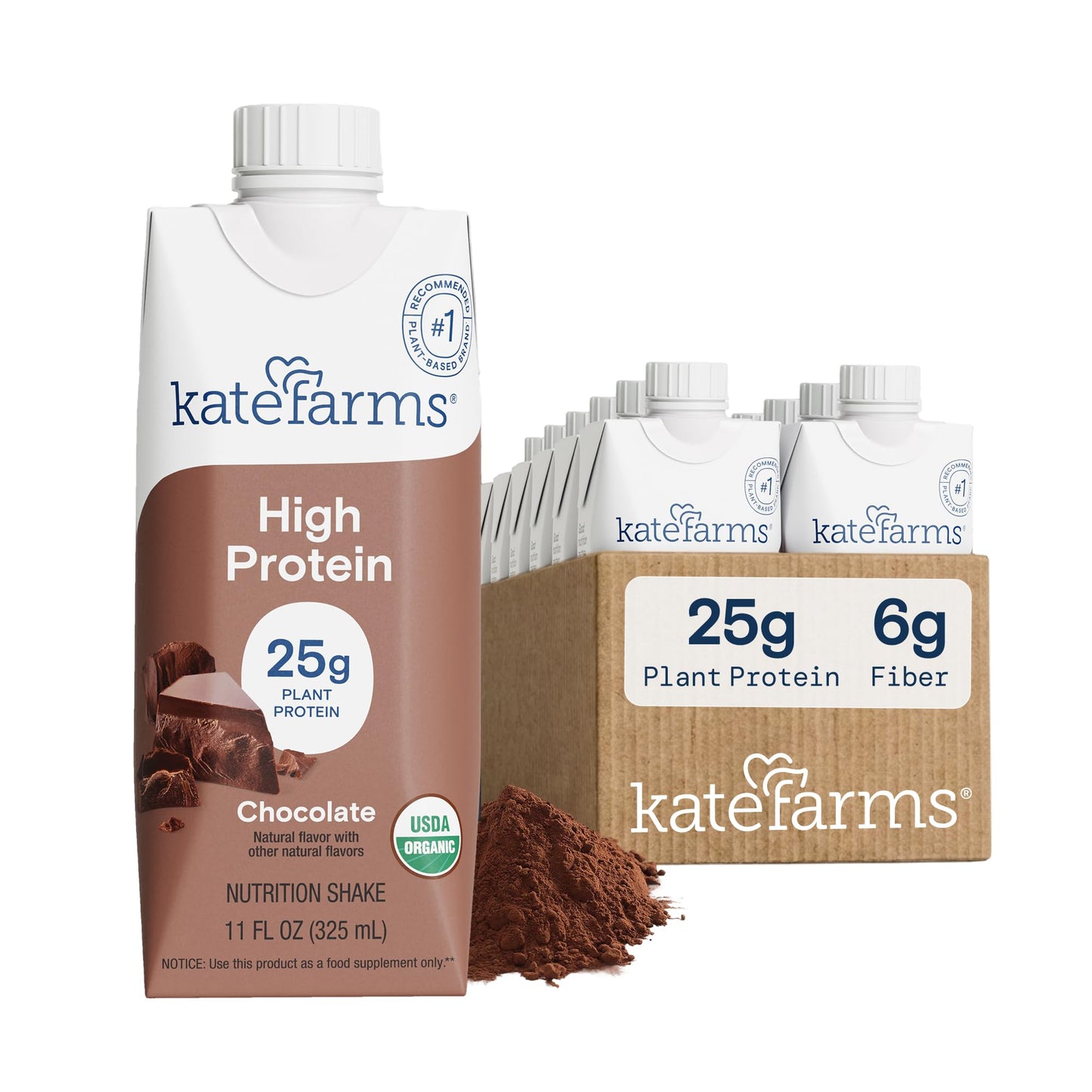 KATE FARMS Organic High Protein Vanilla Shake, 25g Protein, 12 Pack | High-protein organic shake with 25g protein, 6g fiber, 27 vitamins & minerals, and 0g sugar.
