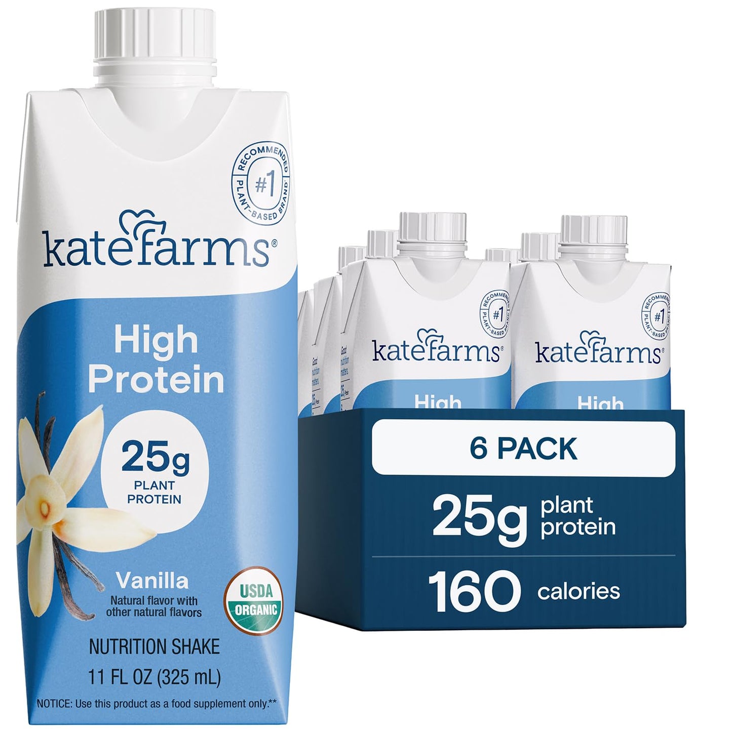 KATE FARMS Organic High Protein Vanilla Shake, 25g Protein, 12 Pack | High-protein organic shake with 25g protein, 6g fiber, 27 vitamins & minerals, and 0g sugar.