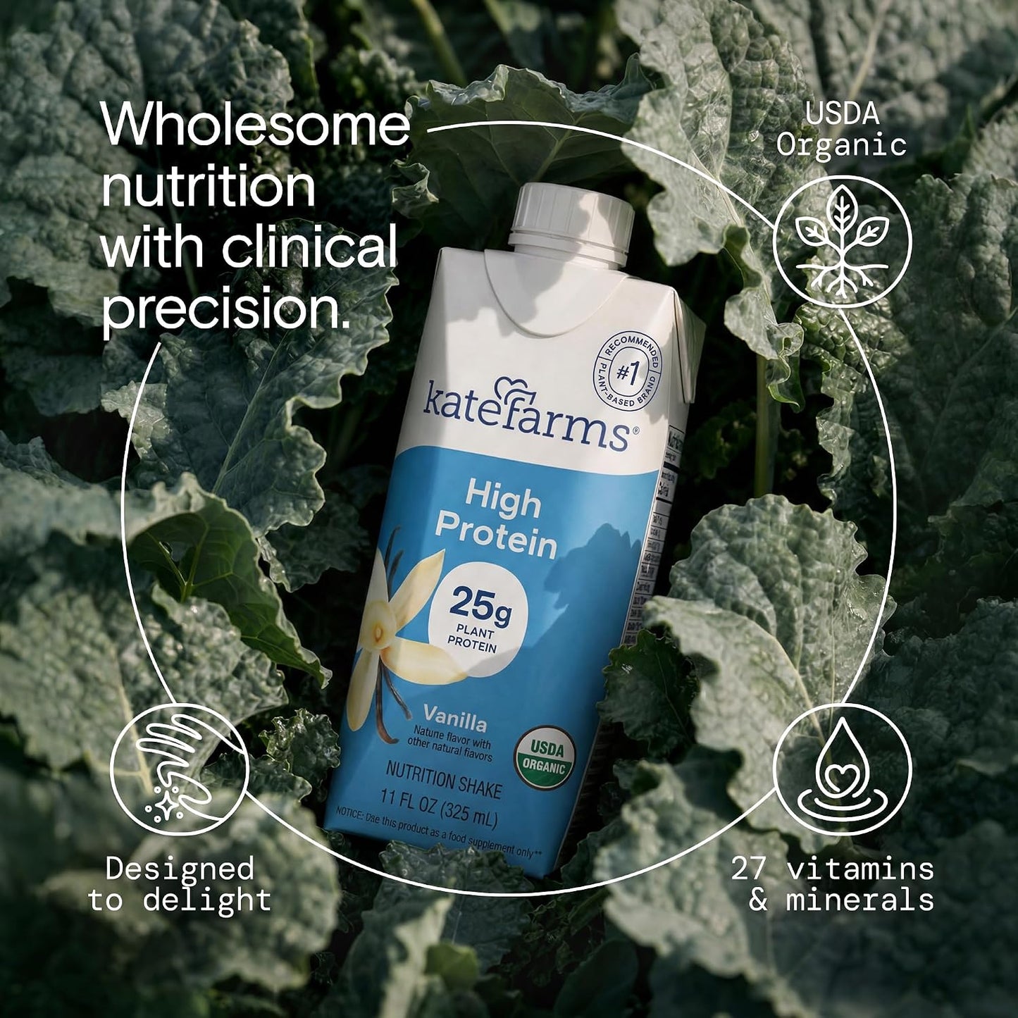 KATE FARMS Organic High Protein Vanilla Shake, 25g Protein, 12 Pack | High-protein organic shake with 25g protein, 6g fiber, 27 vitamins & minerals, and 0g sugar.
