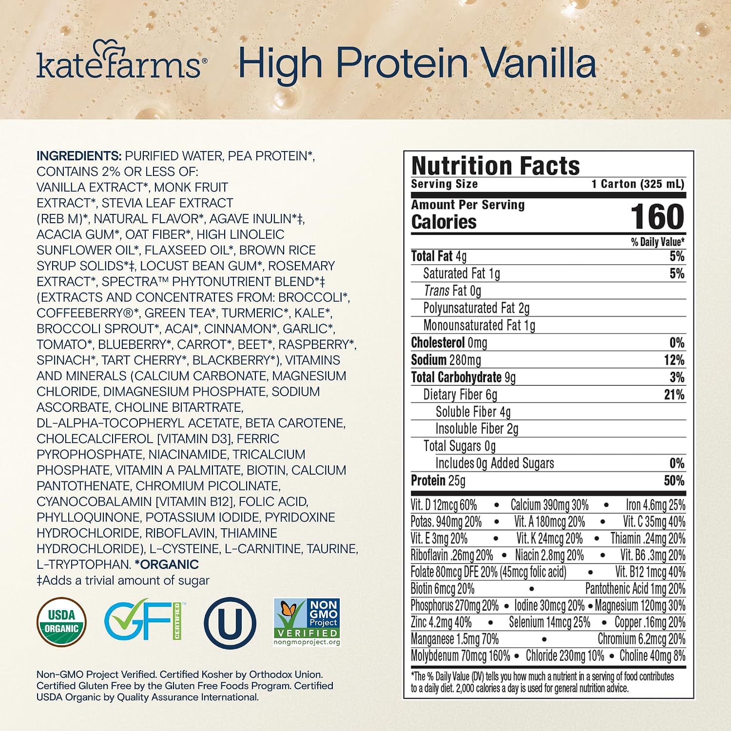 KATE FARMS Organic High Protein Vanilla Shake, 25g Protein, 12 Pack | High-protein organic shake with 25g protein, 6g fiber, 27 vitamins & minerals, and 0g sugar.