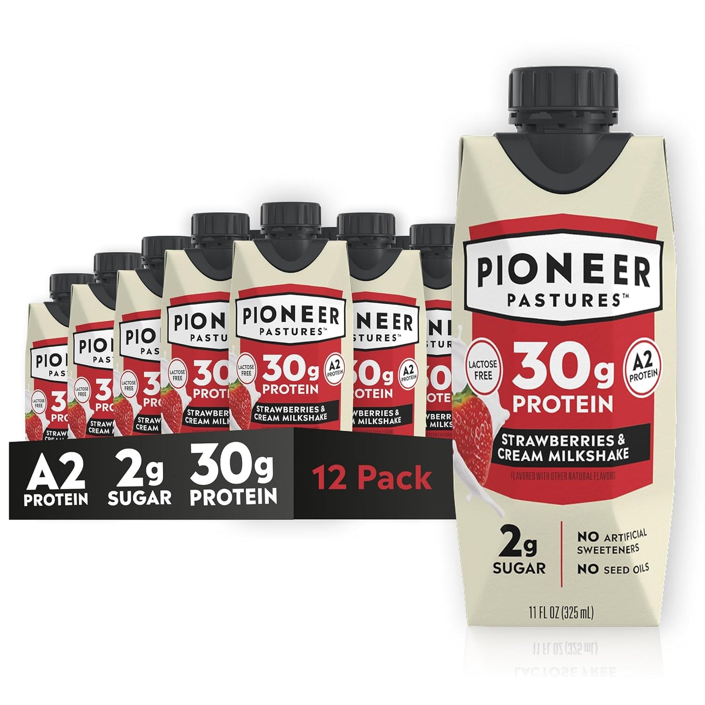 Pioneer Pastures Protein A2 Milkshakes, Strawberries & Cream, 11oz, 12 Pack | A2 Protein Shake, 30g Protein, Ultra-Filtered, Lactose Free, 2g Sugar, No Seed Oils, No Artificial Sweeteners