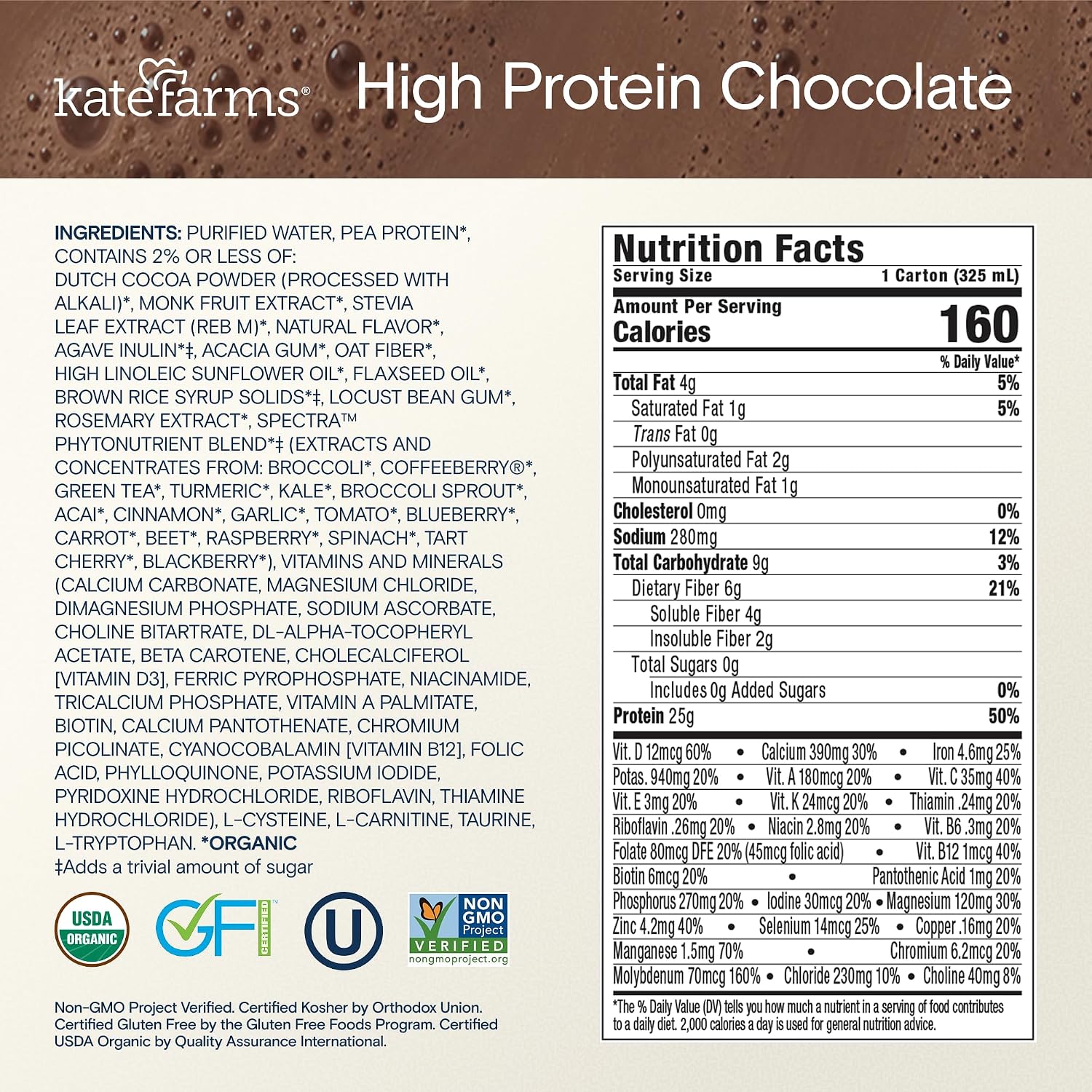 KATE FARMS Organic High Protein Chocolate Shake, 25g Protein, 12 Pack | High-protein organic shake with 25g protein, 6g fiber, 27 vitamins & minerals, and 0g sugar.